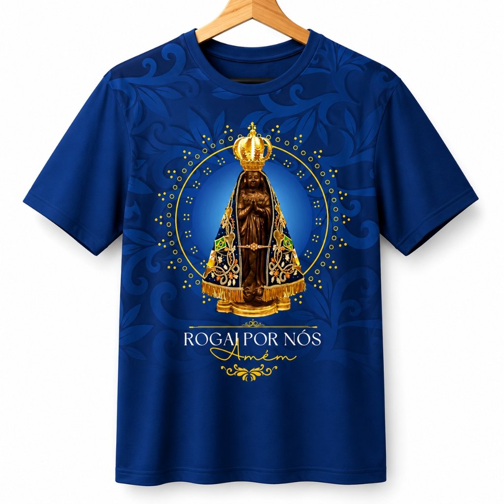 Camiseta azul de Nossa Senhora Aparecida, vista frontal